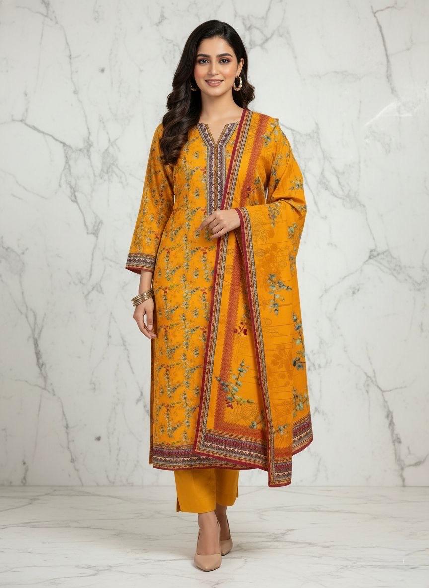 Sunshine Yellow Floral Lawn Suit (3-Piece)