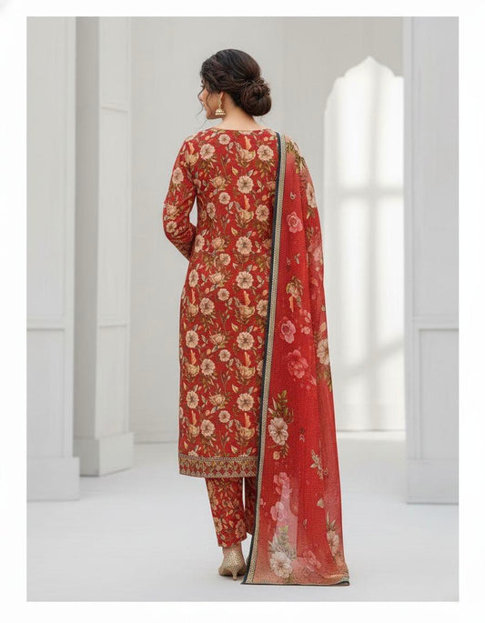 Premium Red Floral Bana Dora Lawn 3 Piece Unstitched Suit