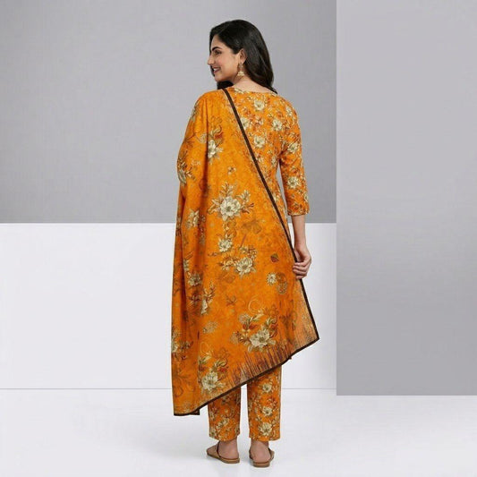 Premium Bright Orange Floral Bana Dora Lawn 3 Piece Unstitched Suit