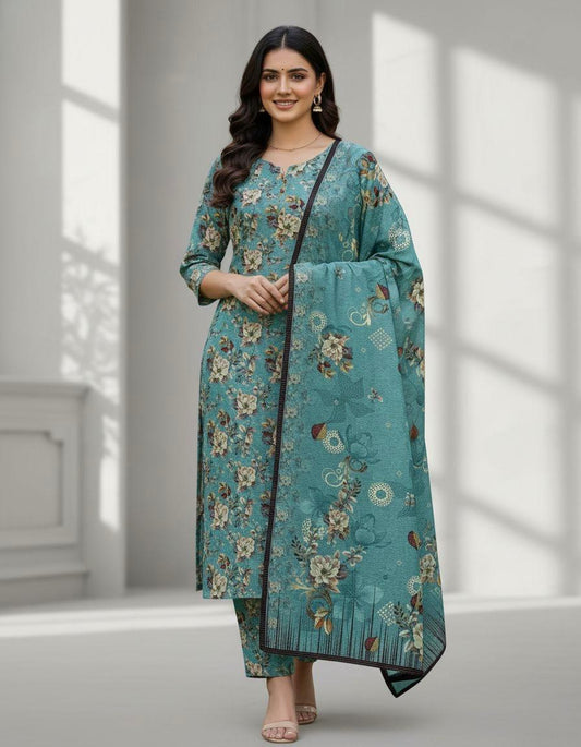 Luxury Teal Floral Bana Dora Lawn 3 Piece Unstitched Suit