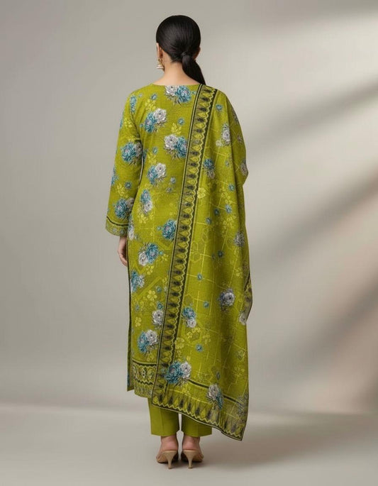 Premium Lime Yellow Floral Bana Dora Lawn 3 Piece Unstitched Suit