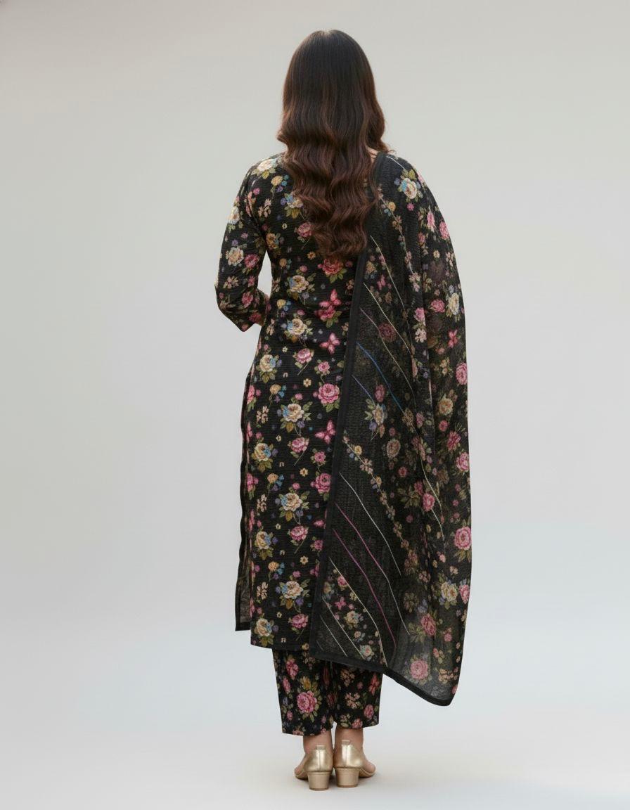 Premium Black Multi Floral Bana Dora Lawn 3 Piece Unstitched Suit