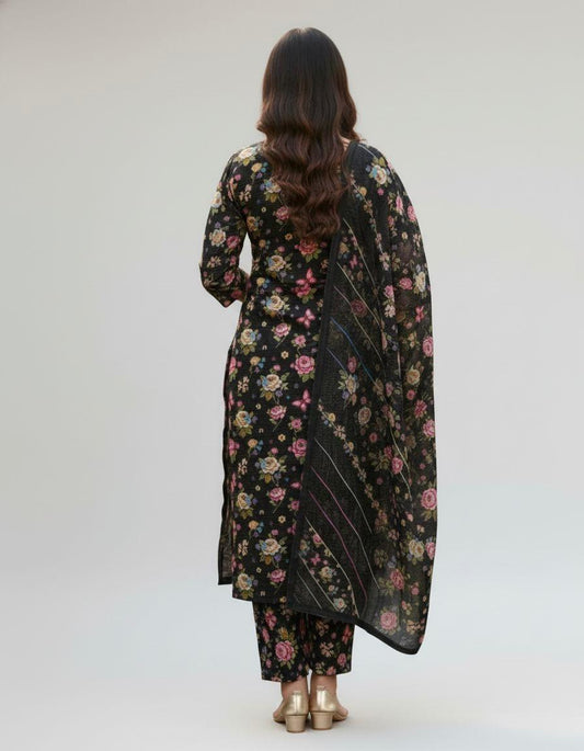 Premium Black Multi Floral Bana Dora Lawn 3 Piece Unstitched Suit
