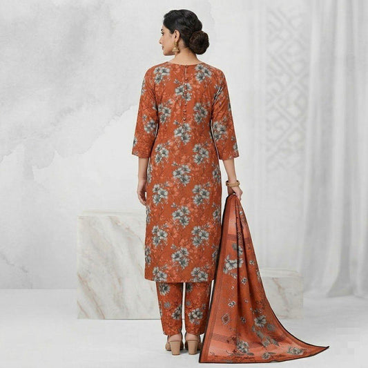 Premium Rust Orange Floral Bana Dora Lawn 3 Piece Unstitched Suit