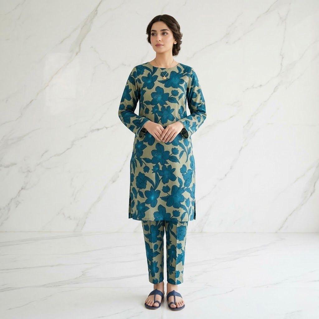 Teal Bloom Premium Lawn 2-Piece Suit – Soft & Elegant Summer Wear