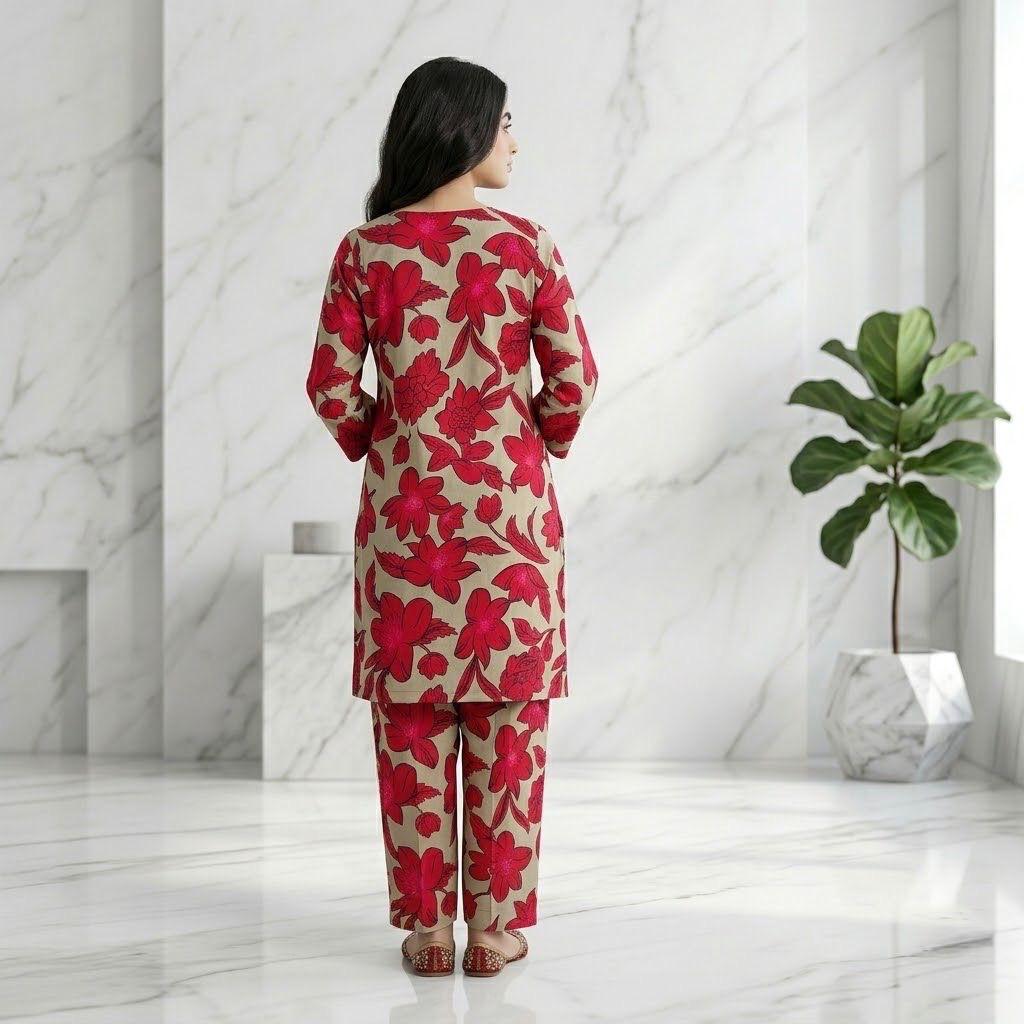 Red Floral Premium Lawn 2-Piece Suit