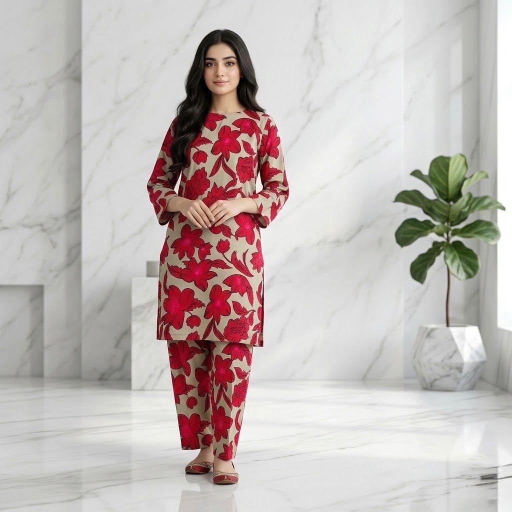 Red Floral Premium Lawn 2-Piece Suit