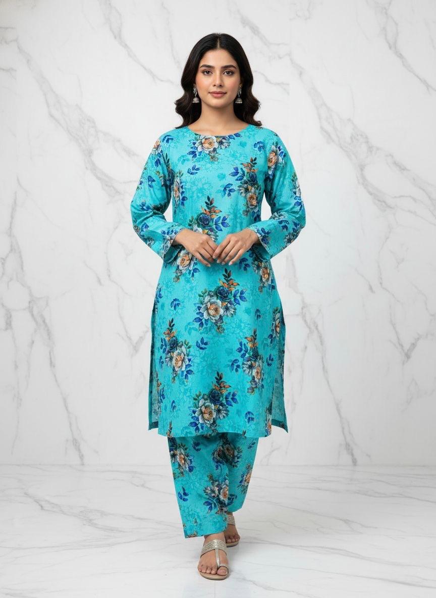 Turquoise Floral Premium Lawn 2-Piece Suit – Fresh & Vibrant Summer Look