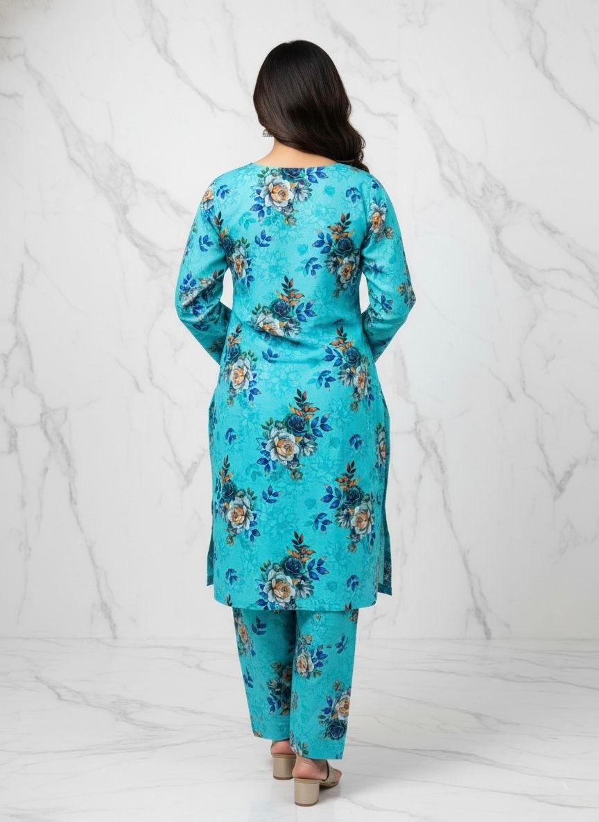 Turquoise Floral Premium Lawn 2-Piece Suit – Fresh & Vibrant Summer Look