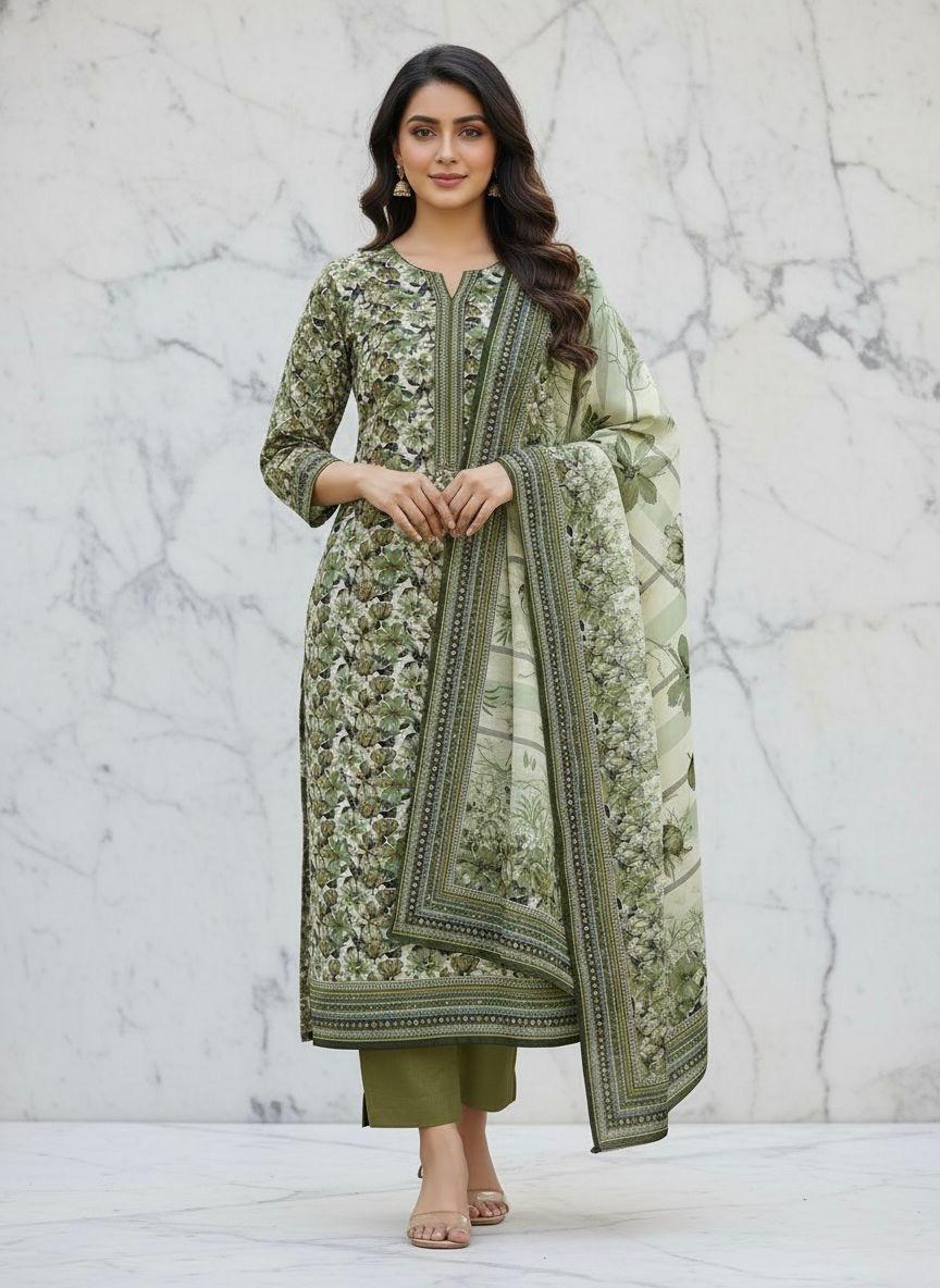 Sage Green Floral Lawn Suit (3-Piece)