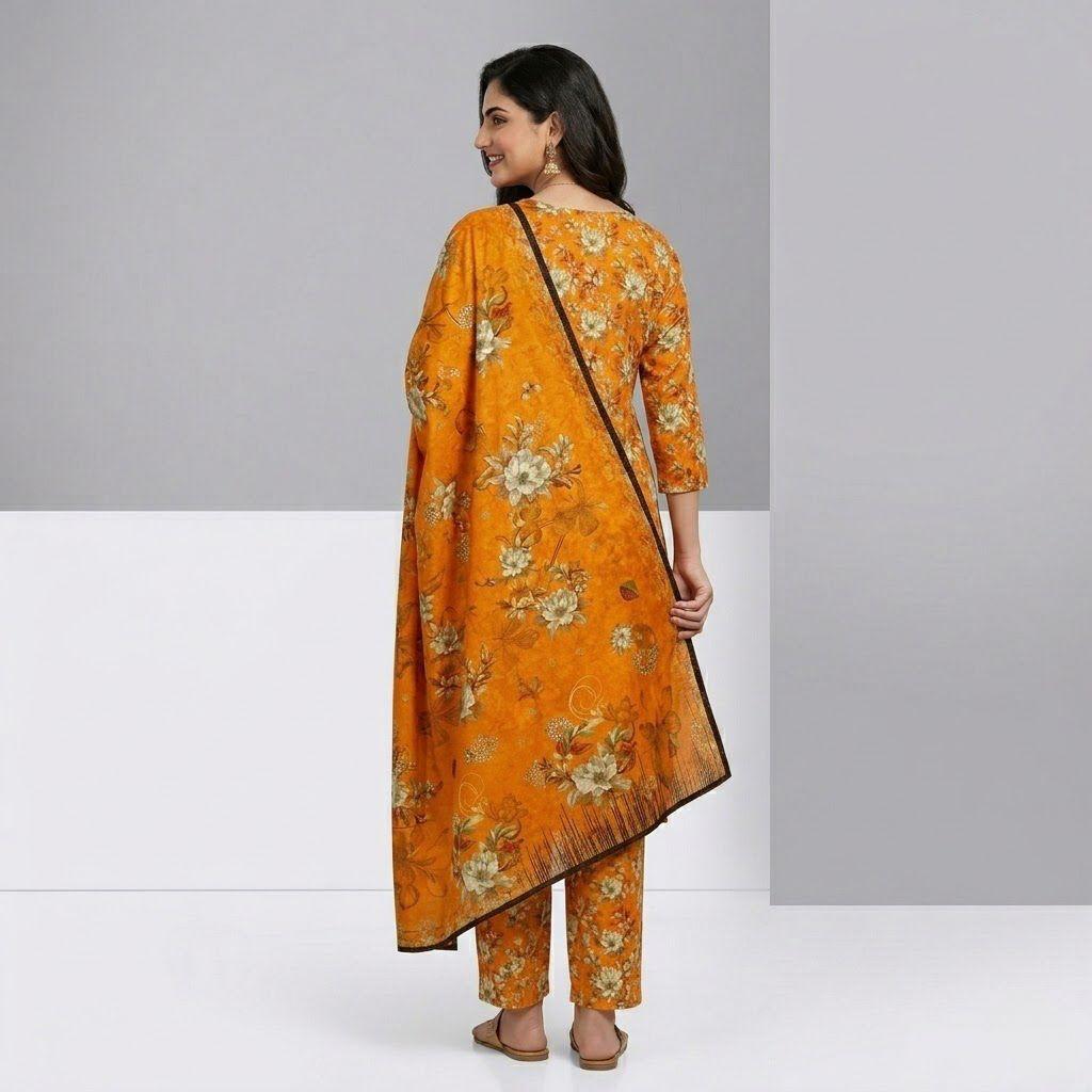 Premium Bright Orange Floral Bana Dora Lawn 3 Piece Unstitched Suit