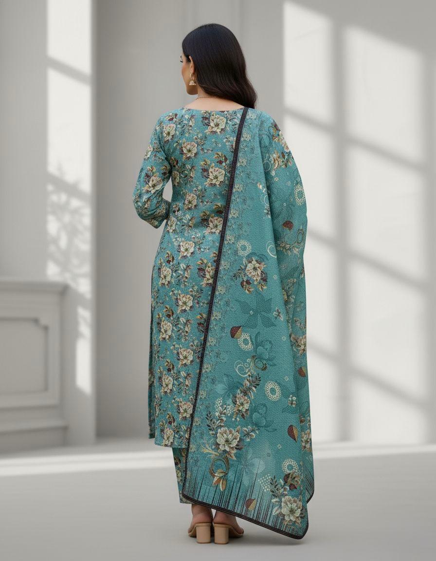 Luxury Teal Floral Bana Dora Lawn 3 Piece Unstitched Suit