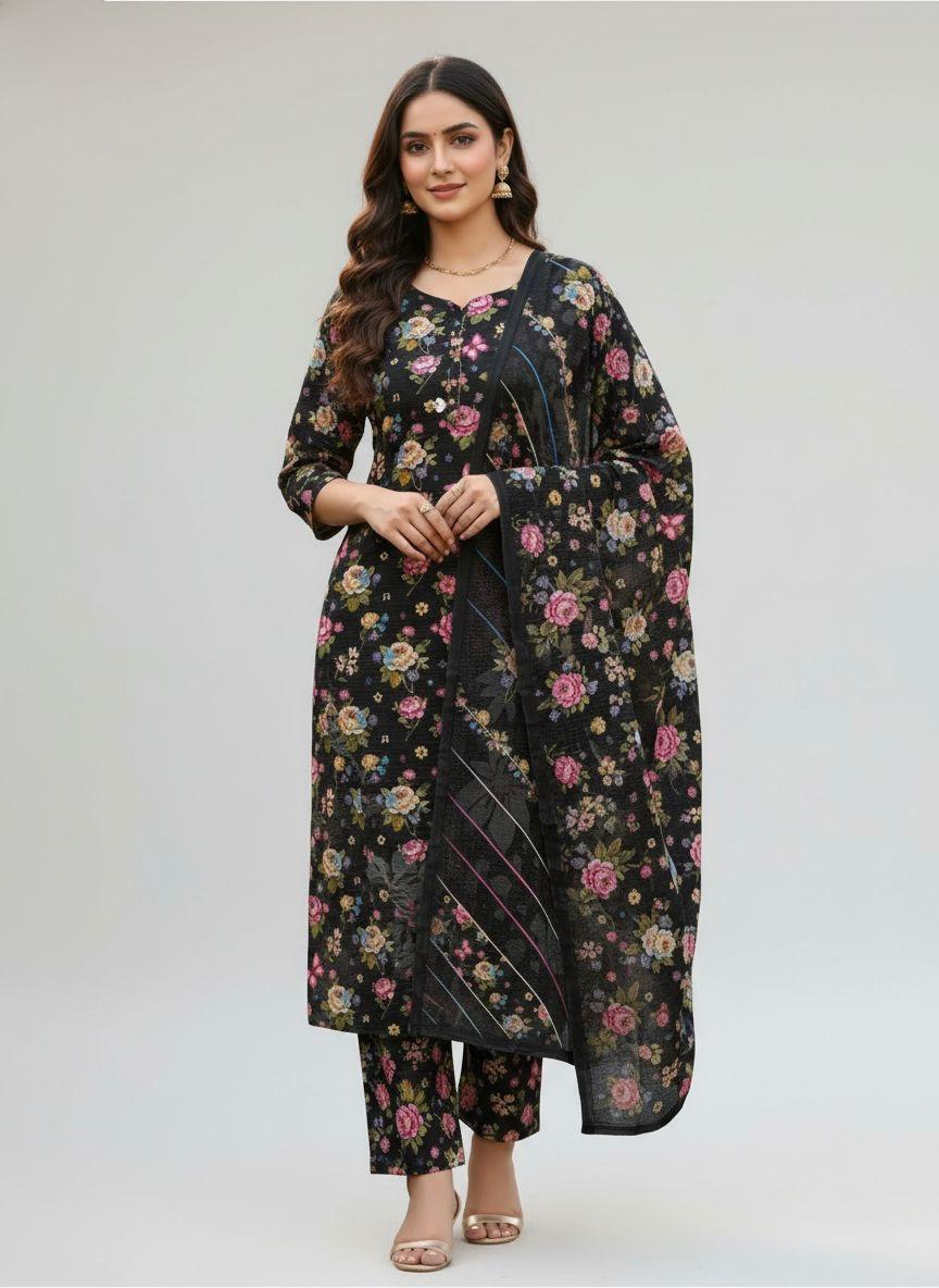 Premium Black Multi Floral Bana Dora Lawn 3 Piece Unstitched Suit