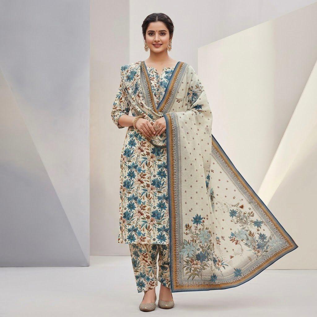Premium Ivory Floral Bana Dora Lawn 3 Piece Unstitched Suit