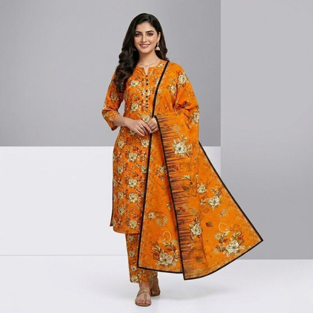Premium Bright Orange Floral Bana Dora Lawn 3 Piece Unstitched Suit