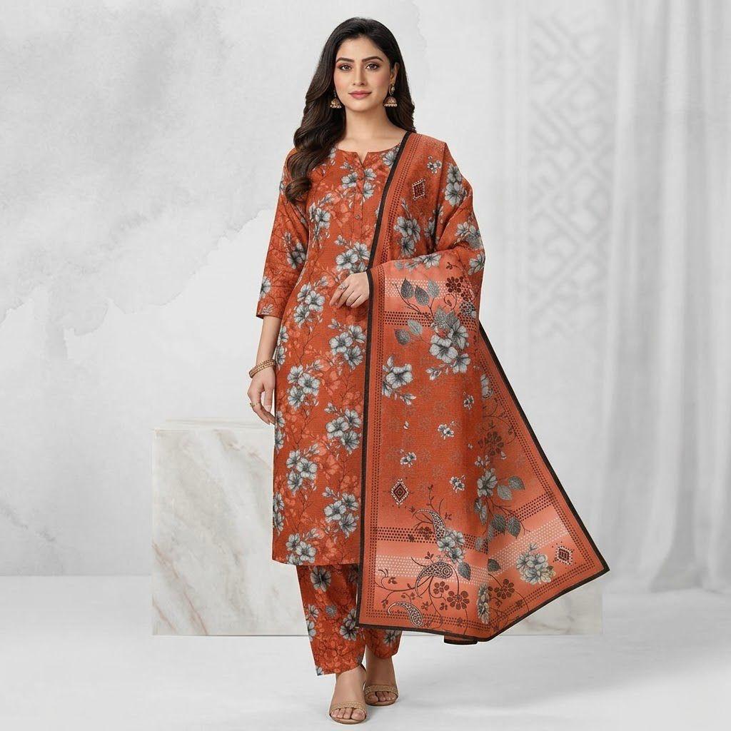 Premium Rust Orange Floral Bana Dora Lawn 3 Piece Unstitched Suit