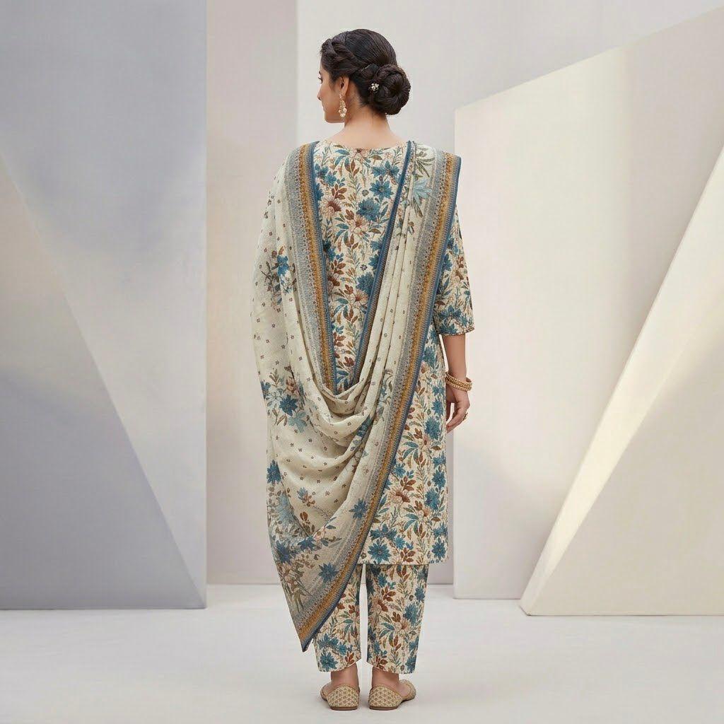 Premium Ivory Floral Bana Dora Lawn 3 Piece Unstitched Suit