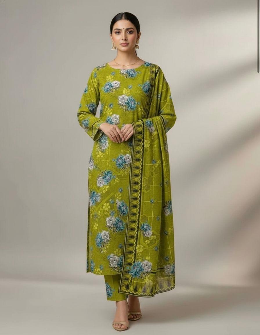 Premium Lime Yellow Floral Bana Dora Lawn 3 Piece Unstitched Suit