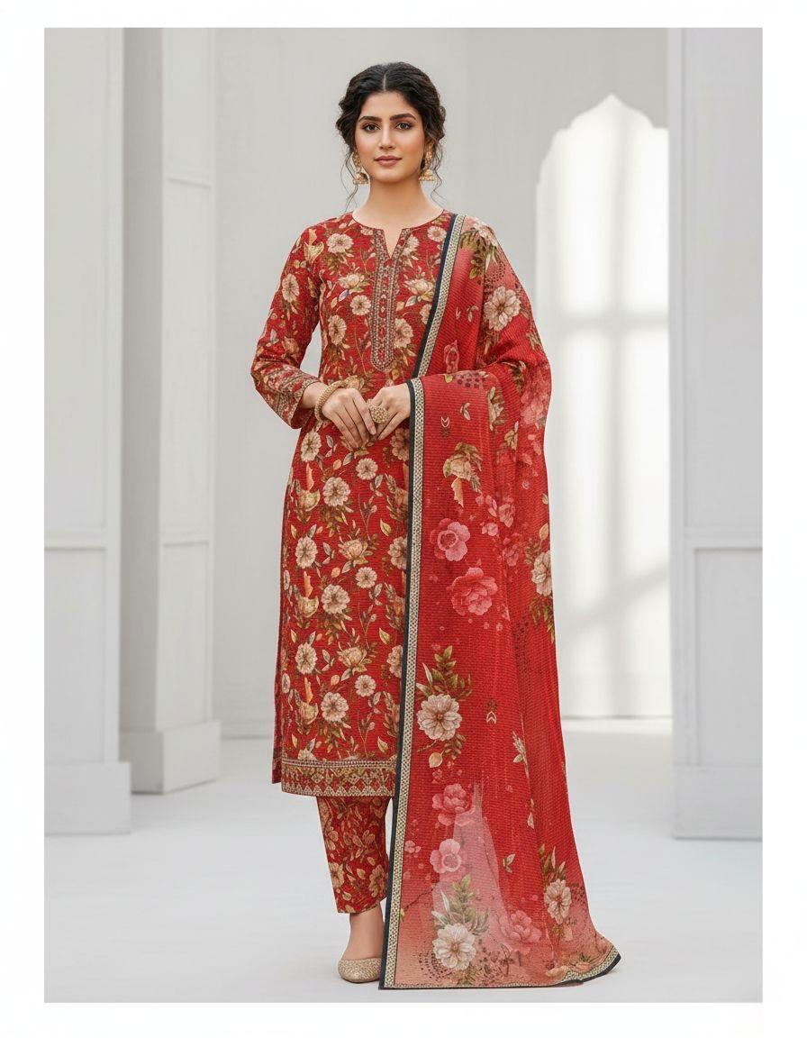 Premium Red Floral Bana Dora Lawn 3 Piece Unstitched Suit